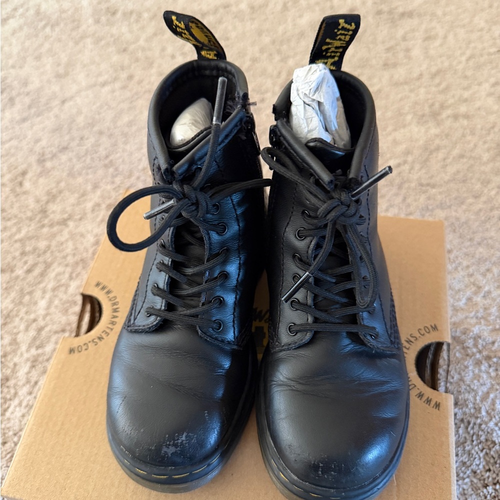 Dr. Martens Black Leather Lace-Up Boots with Yellow Heel Loop